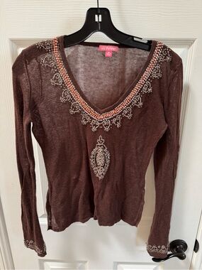 JJ Forever Brown Long-Sleeve V-Neck Top with Bead Embellishments